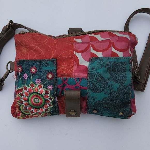 Desigual designer Crossbody Bag multi pattern green red embroidery leather - Picture 4 of 16